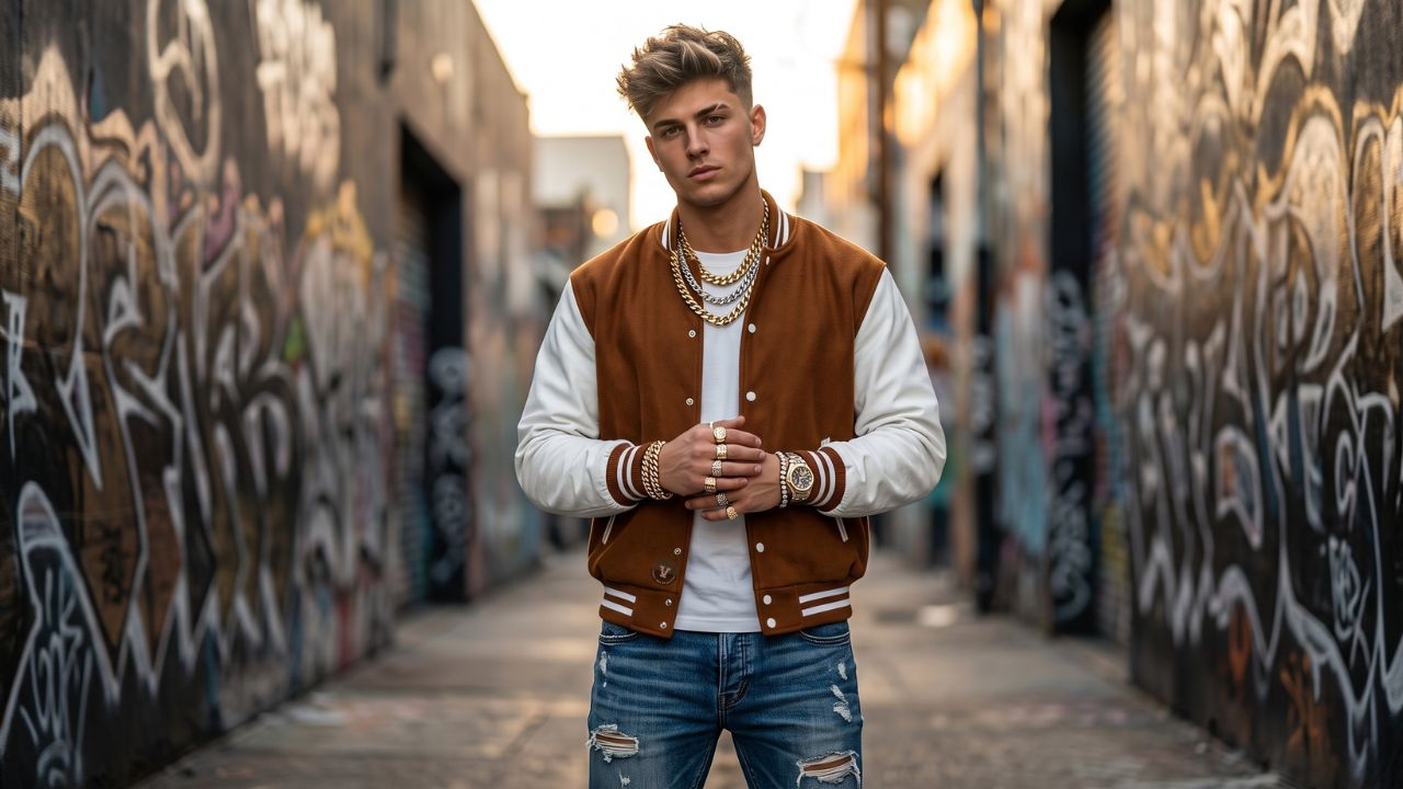 Varsity Jackets with Jewelry Street Fashion